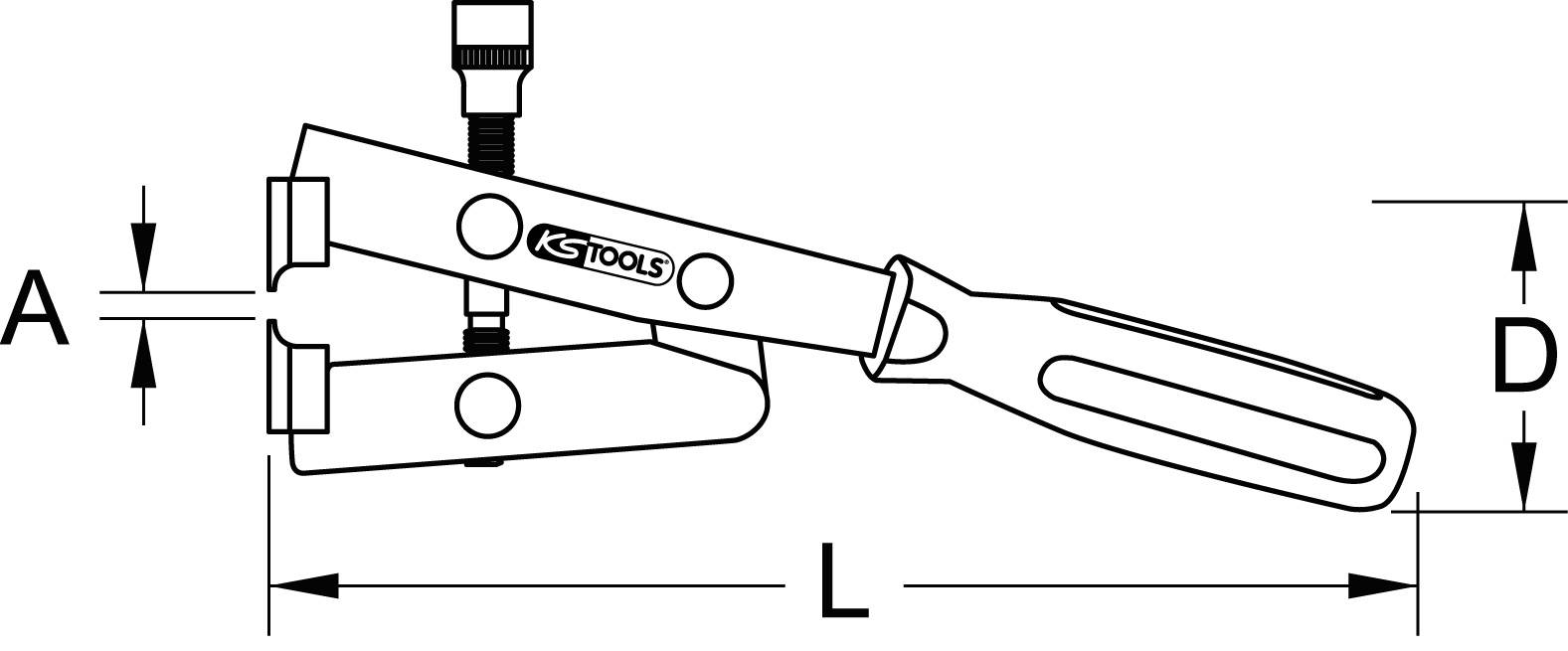 Ein Diagramm einer Werkzeugzange mit Markierung der Maße: 'A', 'L' und 'D', zeigt die Dimensionen der Griffe und Öffnung.