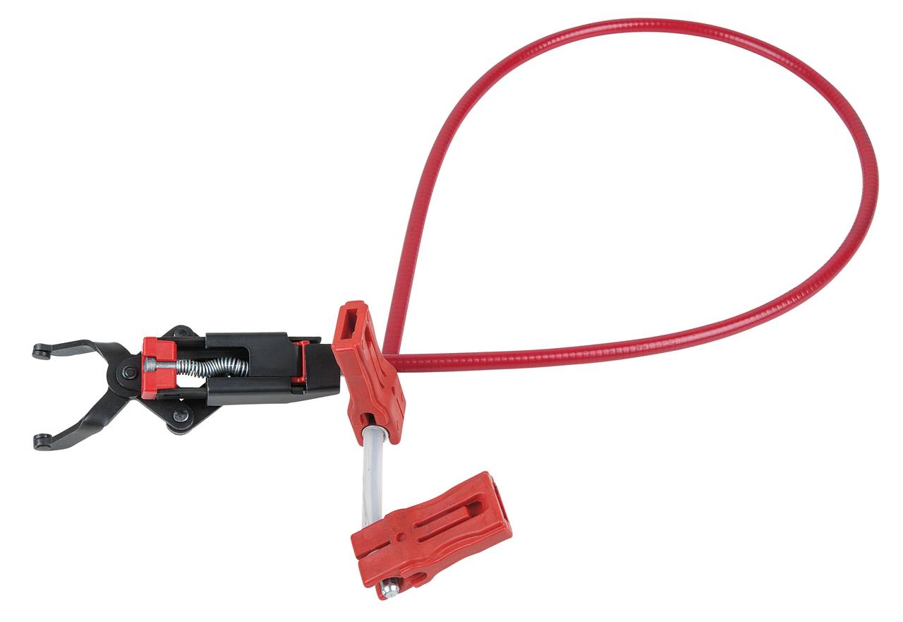 Rotes Sicherheitsschloss mit Kabel und Klemmmechanismus, zum Absperren von Geräten oder Maschinen, um unbefugten Zugriff zu verhindern.