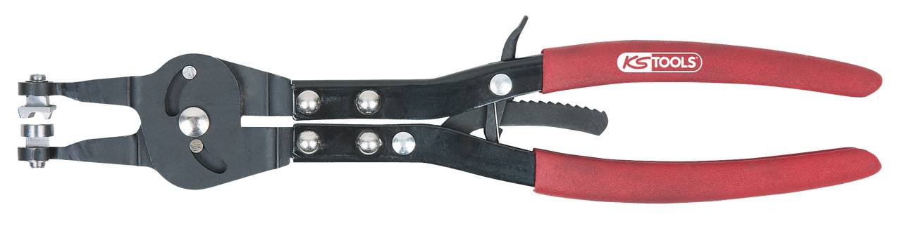 Schwarze Spitzzange mit roten Griffen von KS Tools. Verwendet zum Greifen und Halten kleiner Objekte oder Drähte.