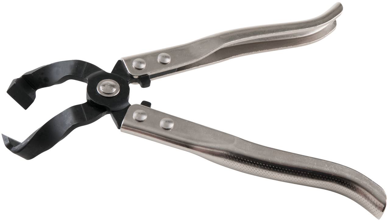 Zange mit gebogenen Griffen und klemmenartigen Spitzen, hauptsächlich aus Metall, auf weißem Hintergrund abgebildet.