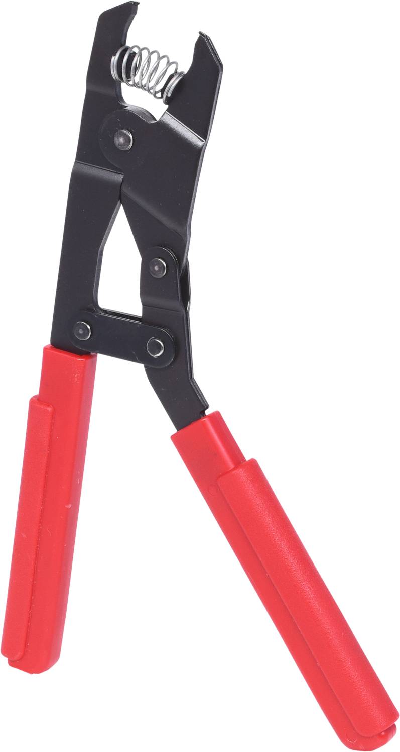 Zange mit roten Griffen und Metallkopf, verwendet für Klemmen. Essenziell für mechanische oder handwerkliche Arbeiten.