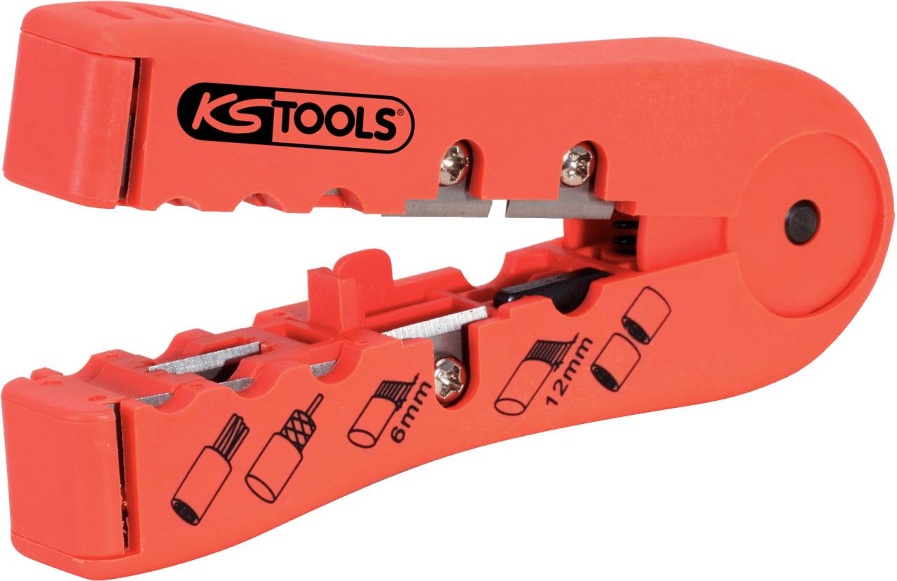 Rotes Kabelabisolierwerkzeug von KS Tools mit Symbolen für unterschiedliche Kabeldurchmesser wie 6mm und 12mm.