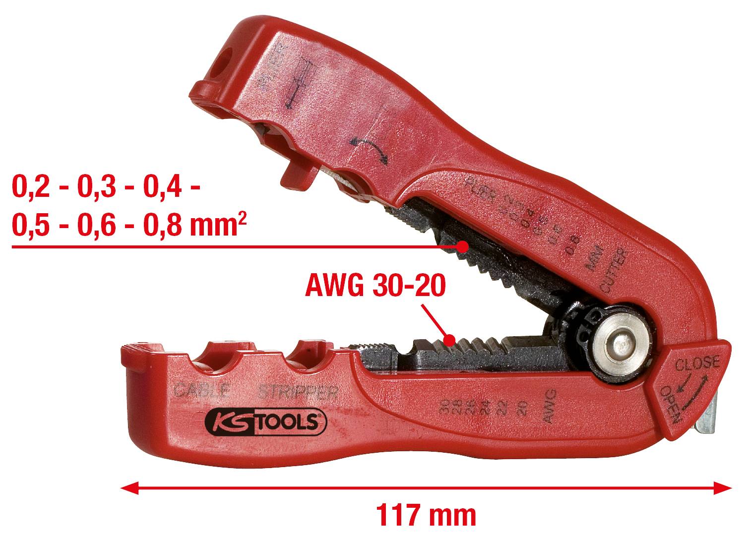 Rotes Abisolierwerkzeug für Kabel, geeignet für 0,2-0,8 mm², Anzeige 'AWG 30-20', Länge 117 mm, mit Logos und Markenname.