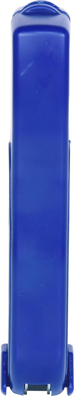 Eine blaue Mülltonne auf Rädern, wahrscheinlich für den Einsatz im Freien zur Müllentsorgung.