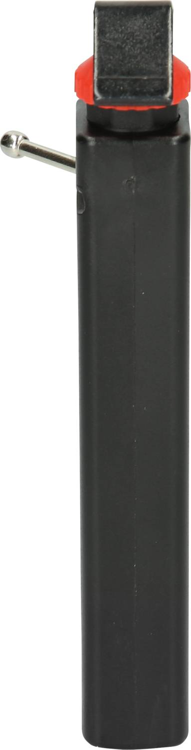 Schwarzes Feuerzeug mit rotem Zündknopf und silbernem Zündstift, vertikal ausgerichtet.