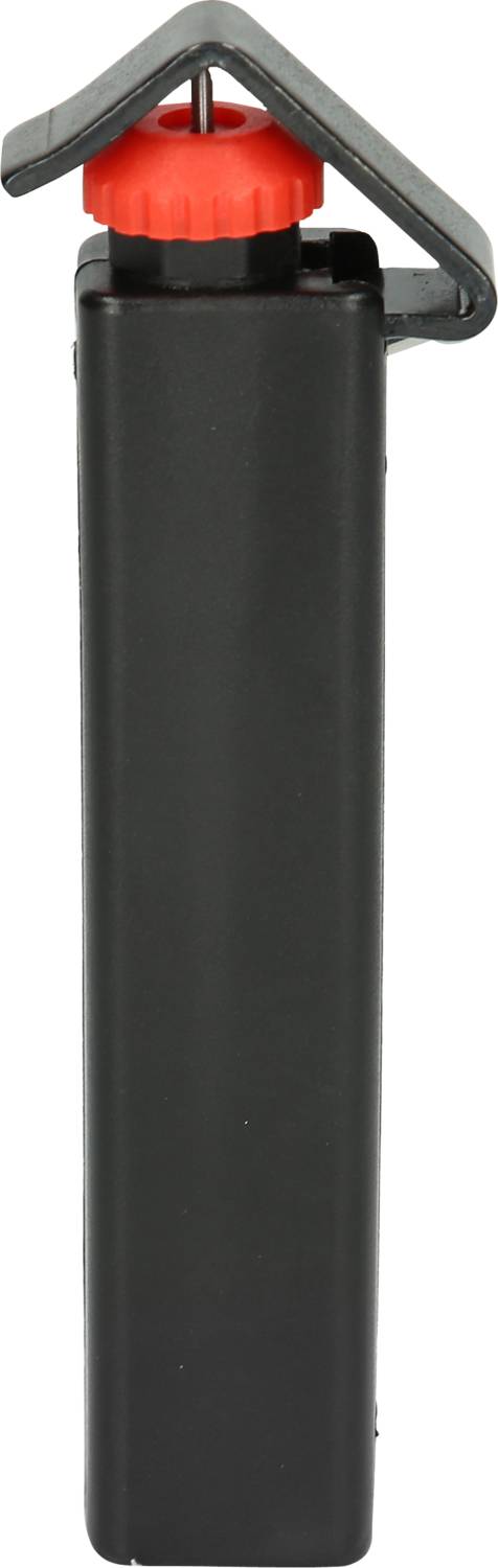 Schwarz-graues, rechteckiges Objekt mit rotem Drehverschluss und Haken oben, wahrscheinlich ein technisches Gerät oder Werkzeug.