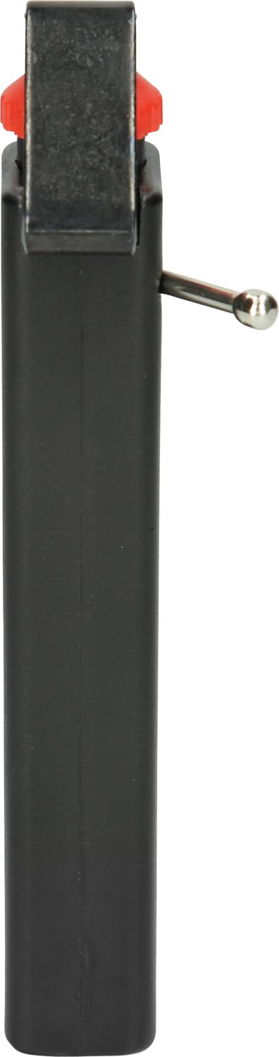 Ein schwarzer Mechanismus in vertikaler Position mit einem kleinen silberfarbenen Schalter und roten Details.