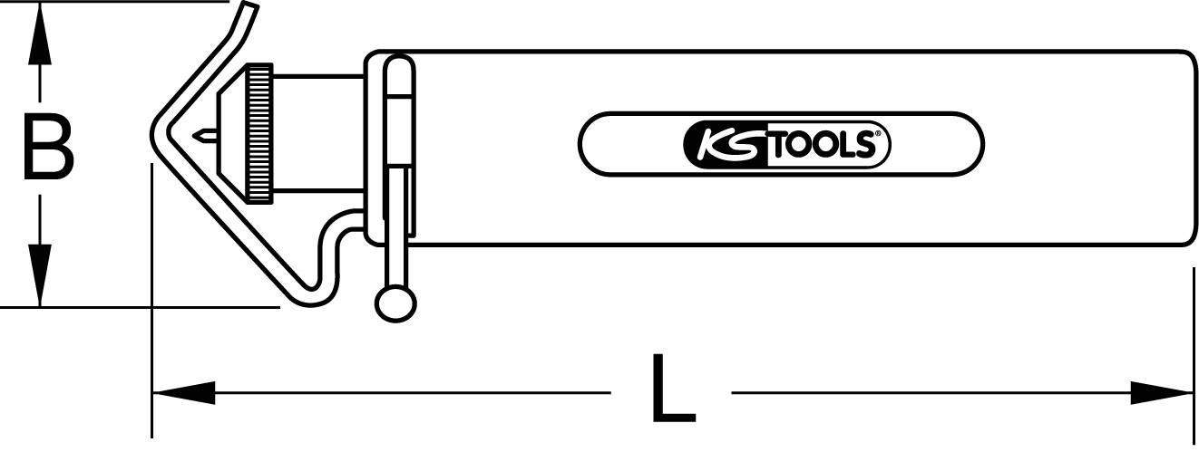 Zeichnung eines Werkzeugs, wahrscheinlich ein Drehmomentschlüssel, mit den Maßen 'L' für Länge und 'B' für Breite.