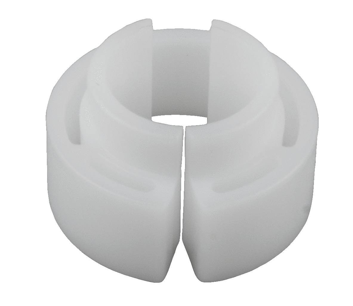 Ein weißer, zylindrischer Plastikring mit einer Öffnung, geeignet als Abstandhalter oder Verbindungselement.