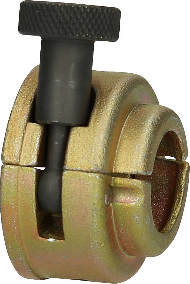 Ein metallischer Schlauchhalter in goldener Farbe mit schwarzer Schraube zur Befestigung von Schläuchen oder Kabeln.