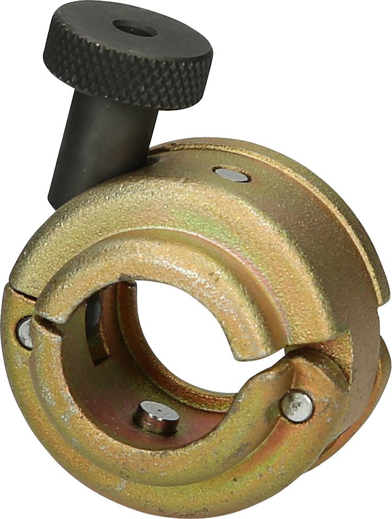 Ein goldfarbener Rohrhalter aus Metall mit einer schwarzen Schraube zur Befestigung. Er wird verwendet, um Rohre stabil zu fixieren.