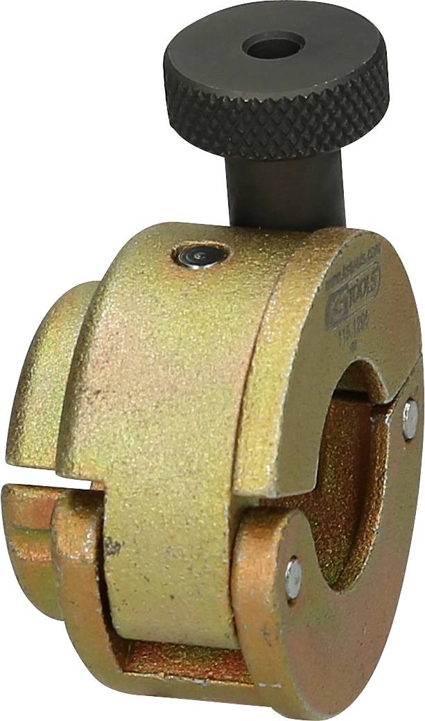 Metallische Rohrschneidklemme mit Schraube, dient zum sicheren Halten und Schneiden von Rohren, meist im industriellen Kontext verwendet.