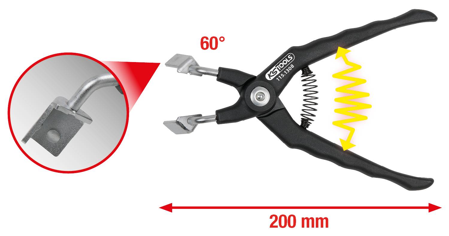 Eine Zange mit einem Öffnungswinkel von 60 Grad, einer Länge von 200 mm und Spezialklemmen, die in einem Detailbild hervorgehoben sind.