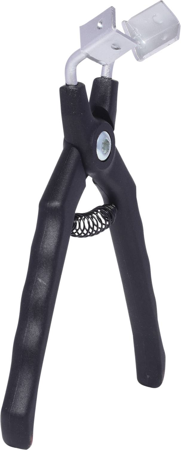 Schwarze Zange mit Federmechanismus und verstellbarem Metallaufsatz oben. Geeignet für präzises Greifen und Halten von Objekten.