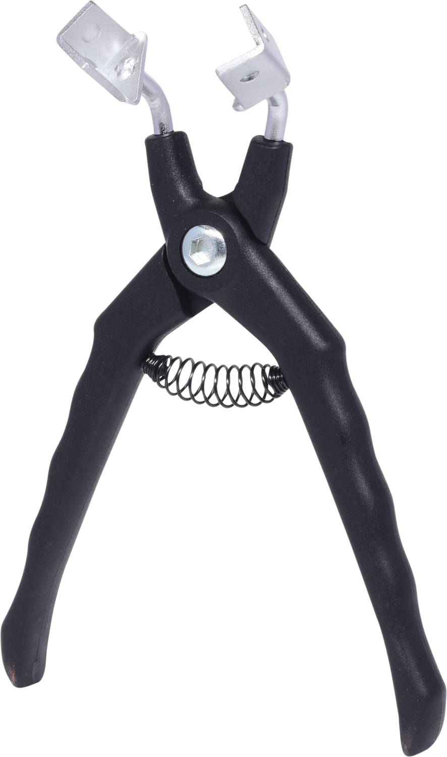 Schwarz lackierte Klemmzange mit Federmechanismus, geöffnet, auf weißem Hintergrund.