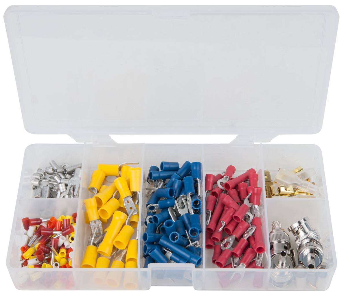 Eine Plastikbox mit sechs Fächern, die verschiedenfarbige Kabelverbinder enthält: rote, blaue, gelbe und silberne.