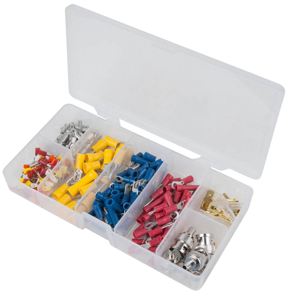 Ein Kunststoffkasten enthält verschiedene farbige Kabelstecker und -buchsen in getrennten Fächern. Die Farben sind rot, blau, gelb und silbern.