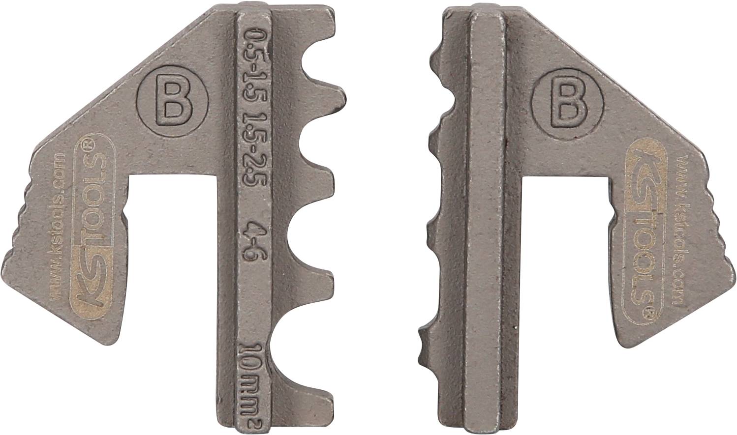 Zwei metallische Zahnmesslehren mit der Aufschrift 'KS Tools', zum Messen von Zahngrößen in Millimetern. Links: Maße 05-15-25; Rechts: Maße 4-6.