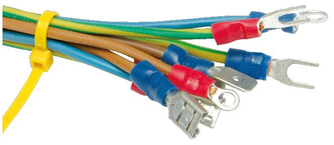 Mehrere bunte Kabel mit Metallanschlüssen, zusammengebunden mit einem gelben Kabelbinder, die für elektrische Verbindungen verwendet werden.