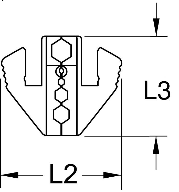 Technische Zeichnung eines Bauelements mit Maßen L2 und L3, zeigt einen Querschnitt mit sechs- und achteckigen Aussparungen.