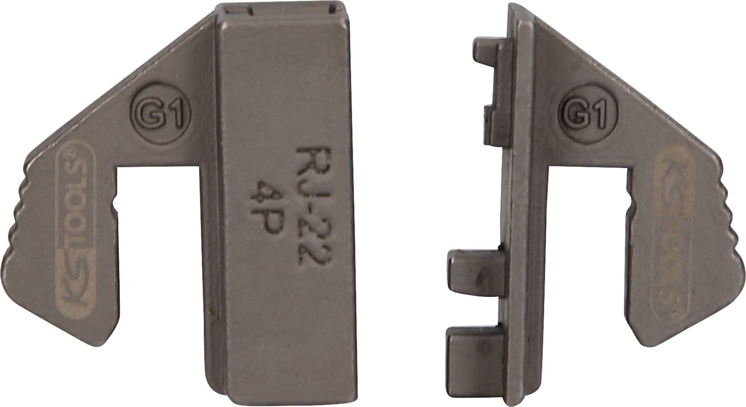 Zwei Metallteile mit der Aufschrift 'KS Tools RJ-22 4P', zeigen jeweils eine Seitenansicht mit prägenden Details und Logos.