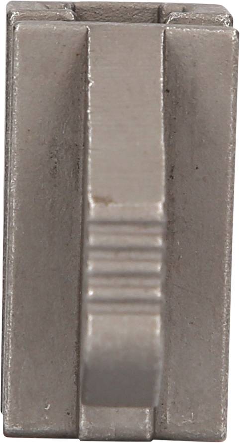 Ein graues, vertikal stehendes metallisches Objekt mit Rillen in der Mitte.