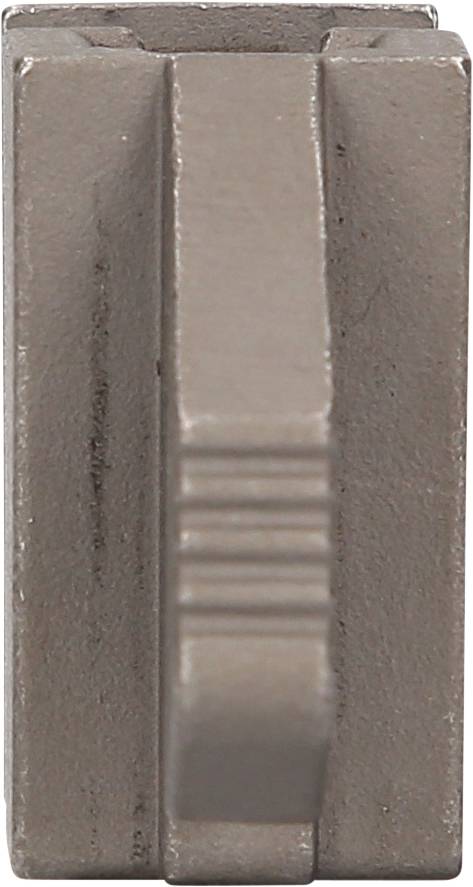 Eine graue Metallklemme in rechteckiger Form. Sie hat Rillen und Kanten, die funktionale Details andeuten.