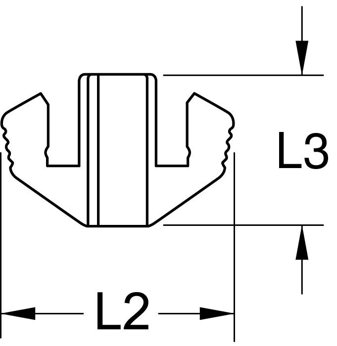 Technische Zeichnung eines Clips mit Maßen 'L2' und 'L3'. Zwei Klemmbereiche und mittlerer Abschnitt sichtbar.