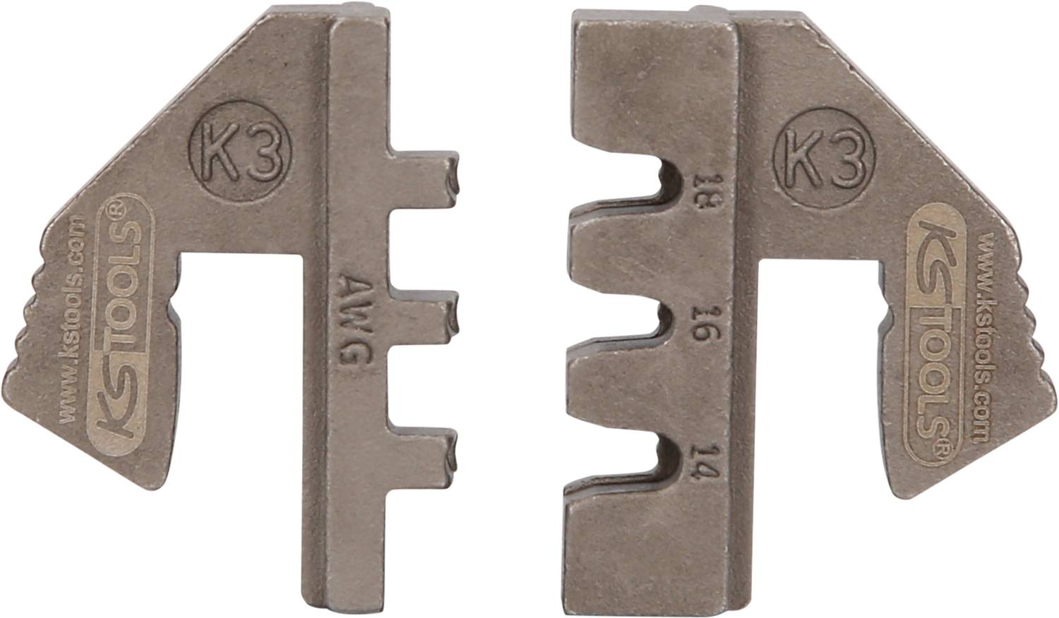 Zwei Crimpbackeneinsätze mit der Aufschrift 'K3', jeweils mit unterschiedlichen Ausschnitten für Drahtgrößen.