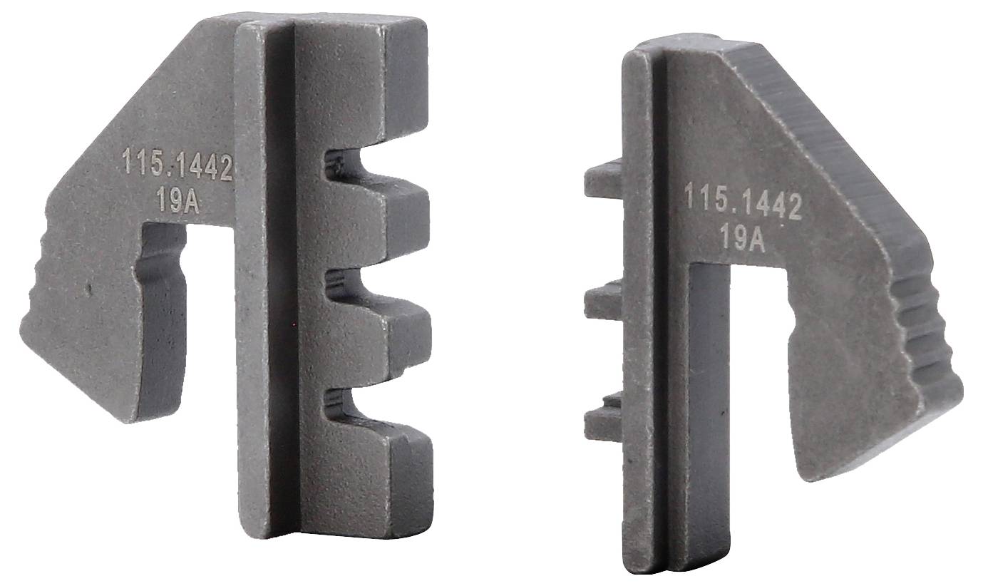 Zwei Ansichten eines dunklen Metall-Spannbacken-/Zahnteils mit der Bezeichnung 
