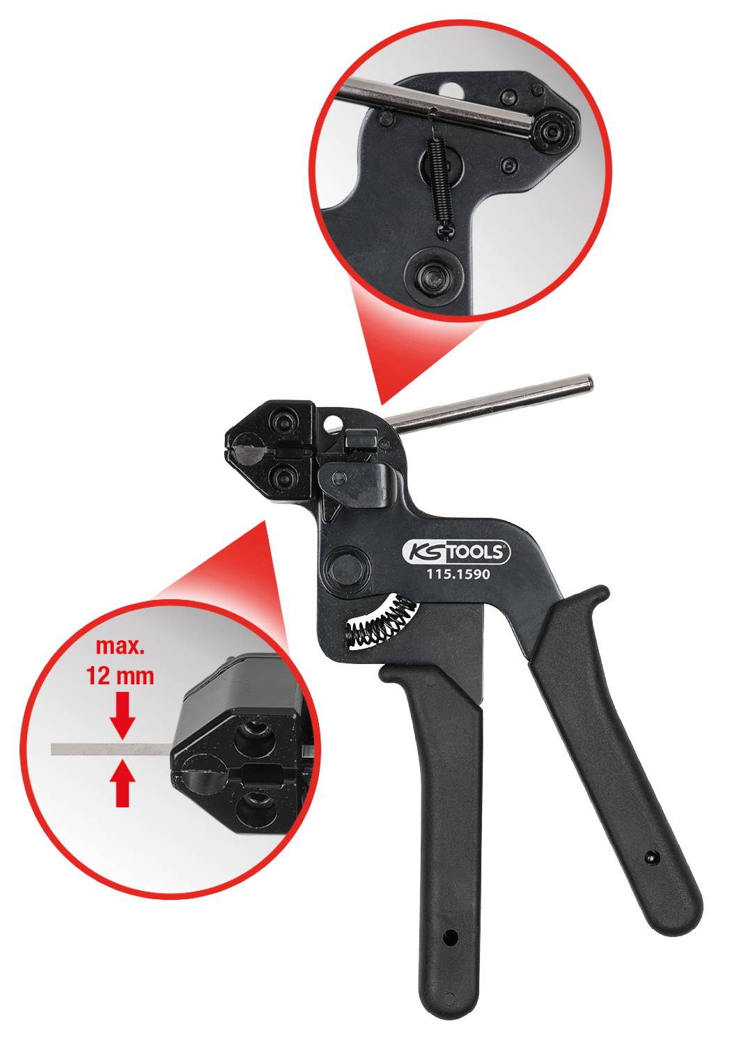 Zange mit Hebel und zwei Nahaufnahmen: obere Aufnahme zeigt Mechanismus, untere zeigt maximale Öffnung von 12 mm.