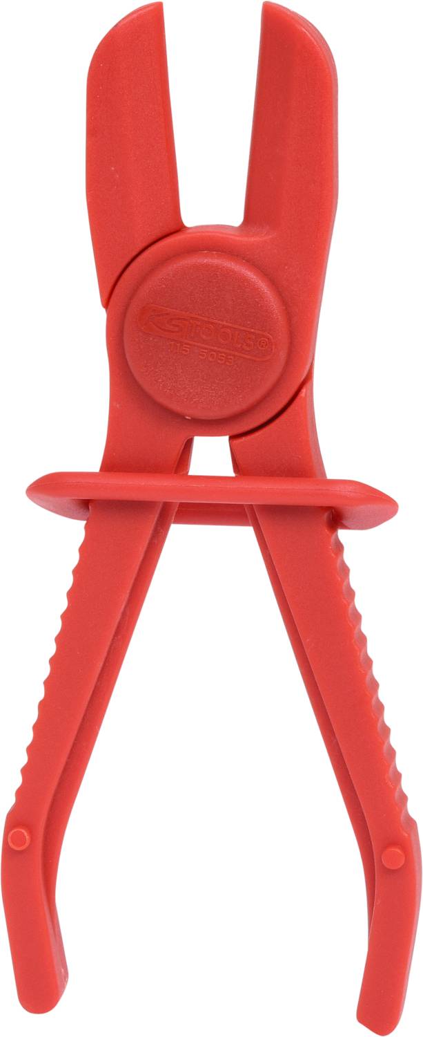 Rote Kunststoffrohrzange mit gezahnten Griffen und runden Backen zum Greifen und Drehen von Rohren.