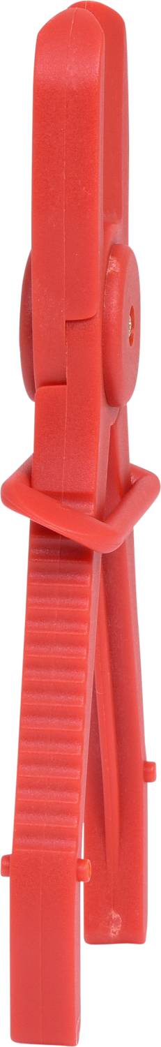 Ein roter Clip mit gerippter Oberfläche und Scharniermechanismus, vertikal ausgerichtet.