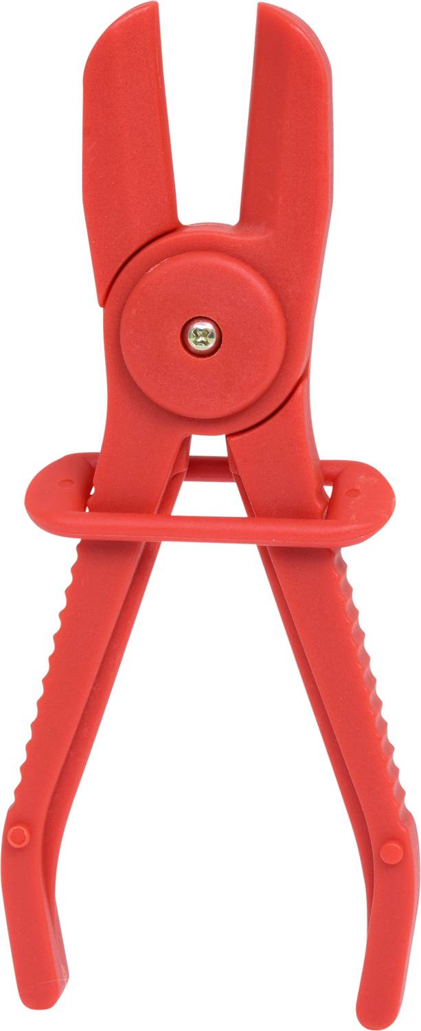 Ein roter Kunststoff-Schlauchklemmenzange, geöffnet, zum Abklemmen von Schläuchen in mechanischen oder hydraulischen Anwendungen.