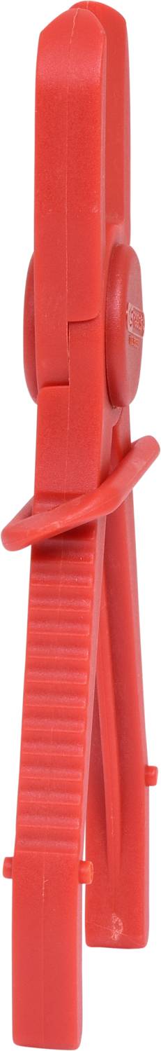 Rote Kunststoff-Wäscheklammer, stehend, seitliche Ansicht.