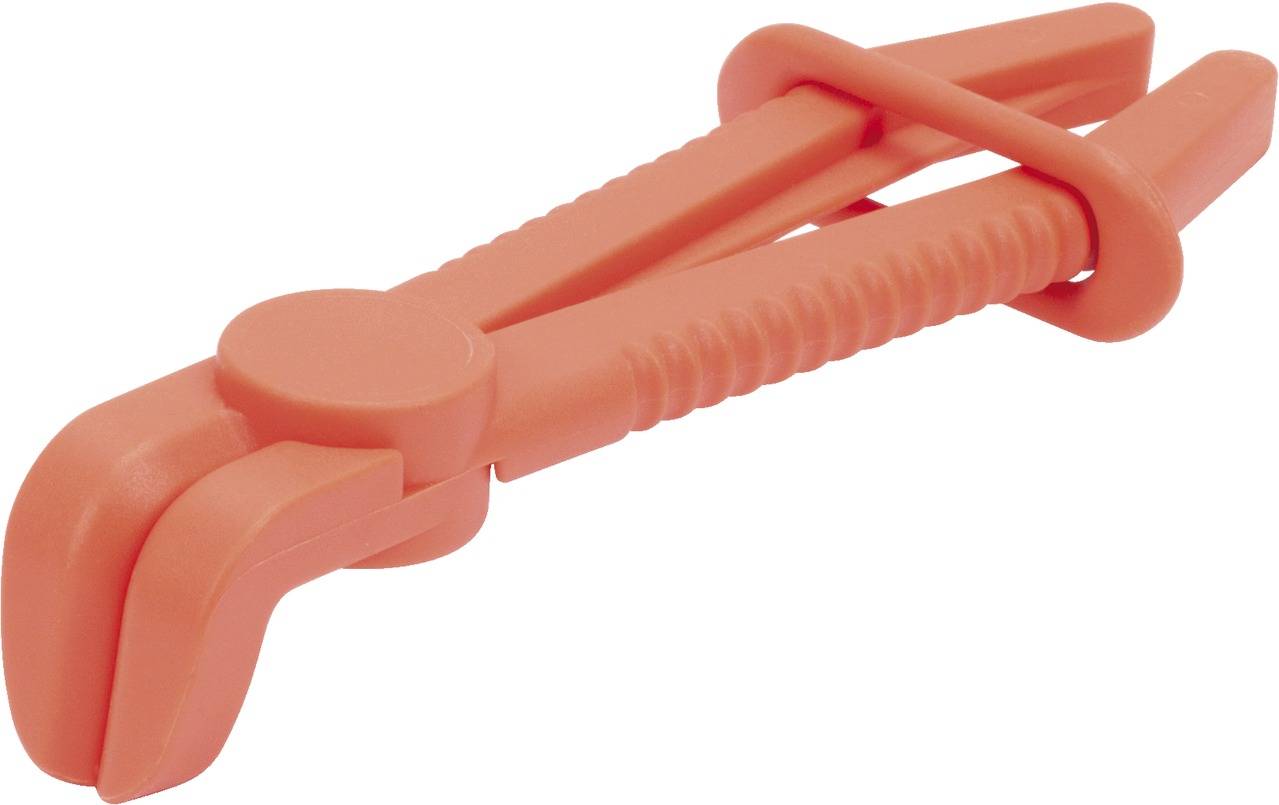 Rote Kunststoffschlauchklemme mit gezahntem Griff und Sicherungsclip zur Abdichtung von flexiblen Schläuchen.