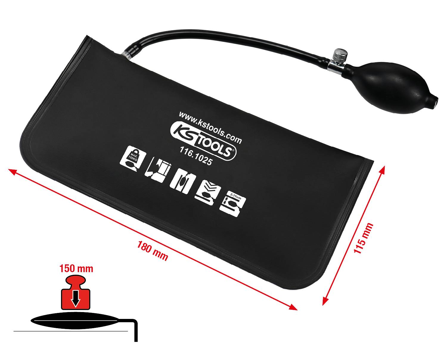 Schwarzer Luftkissenheber von KS Tools mit Handpumpe, 180 mm x 115 mm. Zum Anheben von Gegenständen mit 150 mm max. Hub.