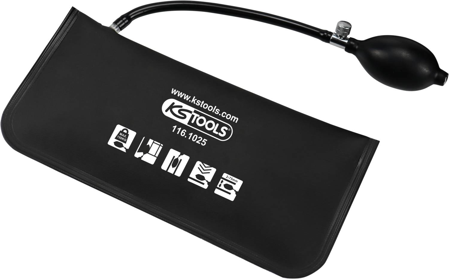 Kissenpumpe mit Schlauch und Ventil, verwendet zum Heben oder Fixieren von Gegenständen. Markierung: 'KS Tools, 116.1025'.