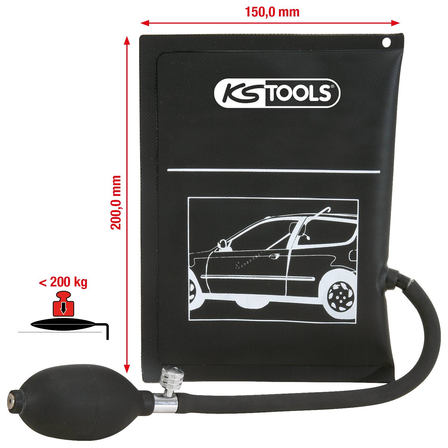 Luftkissenheber von KS Tools, geeignet für Lasten unter 200 kg. Maße: 150 mm Breite, 200 mm Höhe. Bild eines Autos aufgedruckt.