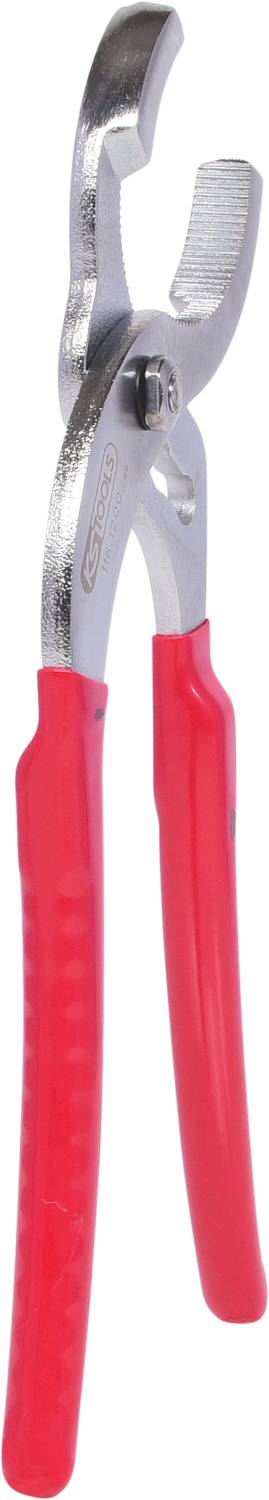 Silberne Rohrzange mit roten Griffen, geöffnet. Wird zum Greifen und Drehen von Rohren oder Befestigungen verwendet.