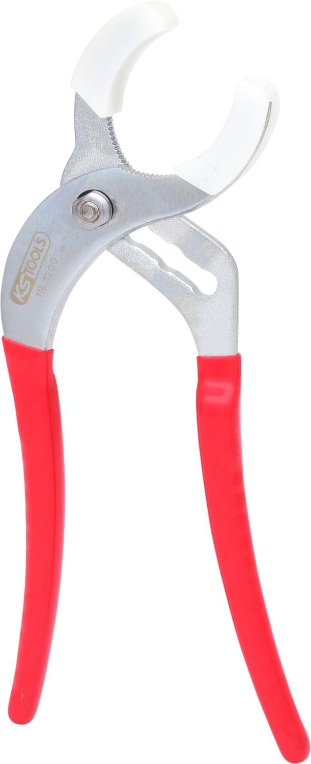 Rohrzange mit roten Griffen und weißen Greifbacken, geeignet für rundes Material.