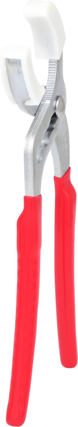 Zange mit roten Griffen und weißen Backen, oft verwendet in Sanitärinstallationen.