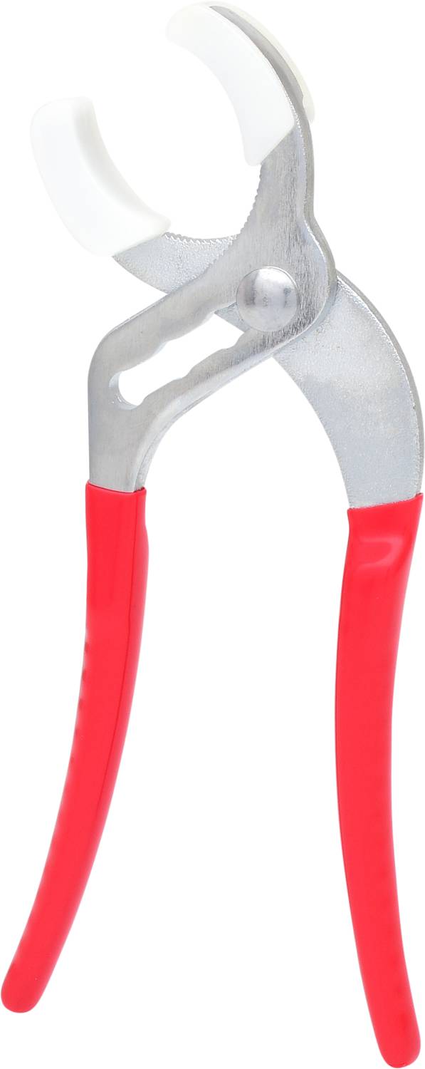 Rote Rohrzange mit weißen Backen, in geöffneter Position, vor weißem Hintergrund.