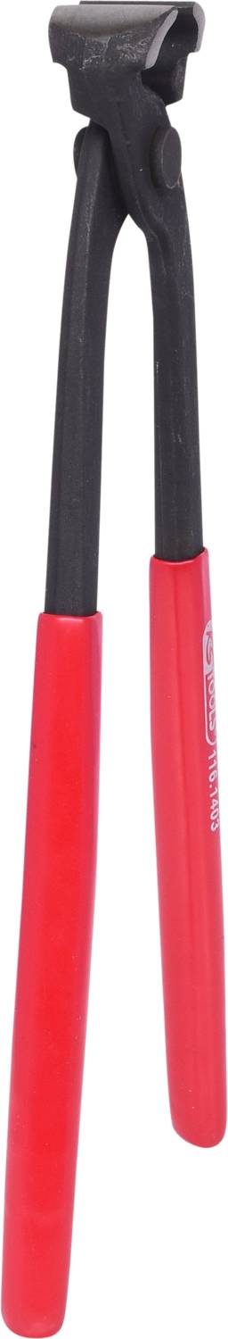 Zange mit roten Griffen, geeignet zum Greifen, Biegen oder Schneiden von Drähten und dünnen Metallstücken.