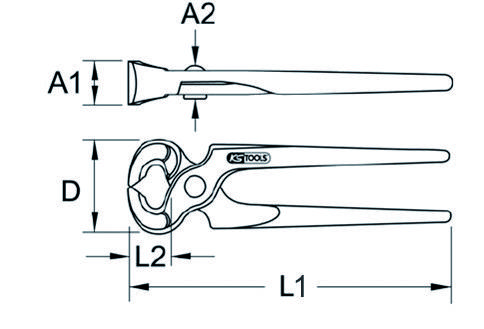 Zeichnung einer Greifzange mit Maßangaben: A1, A2, L1, L2 und D. Oben die Draufsicht, unten die Seitenansicht. Mit Aufschrift 'KS Tools'.