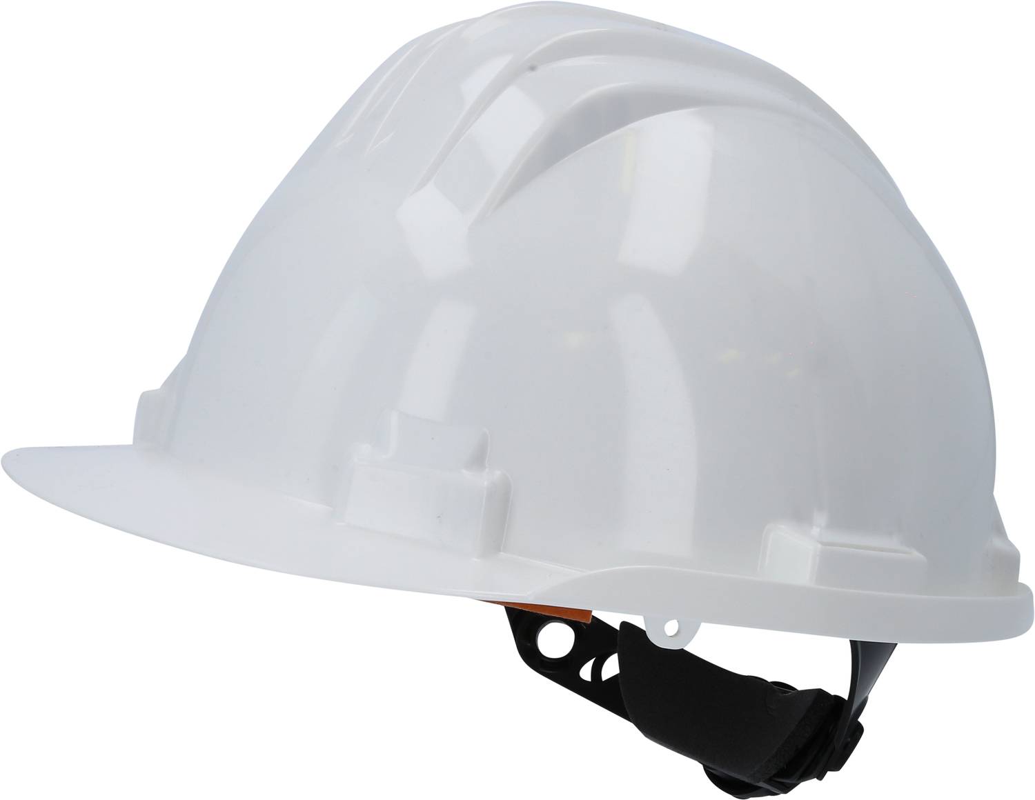 Ein weißer Bauhelm, seitlich abgebildet, symbolisiert Schutz und Sicherheit am Arbeitsplatz, speziell auf Baustellen.
