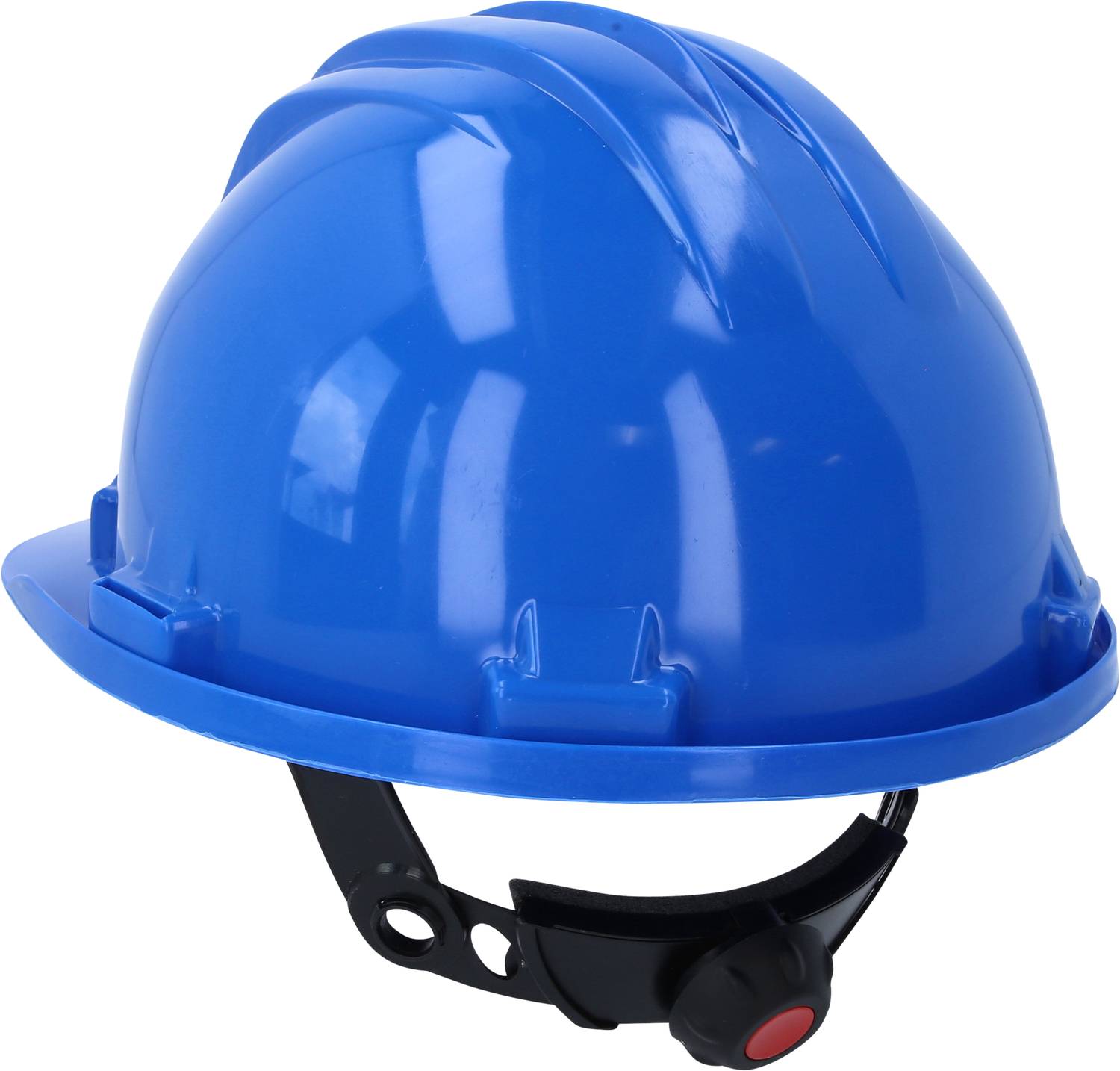Blauer Schutzhelm mit schwarzem Kinnriemen, verwendet für Sicherheitszwecke auf Baustellen oder in industriellen Umgebungen.