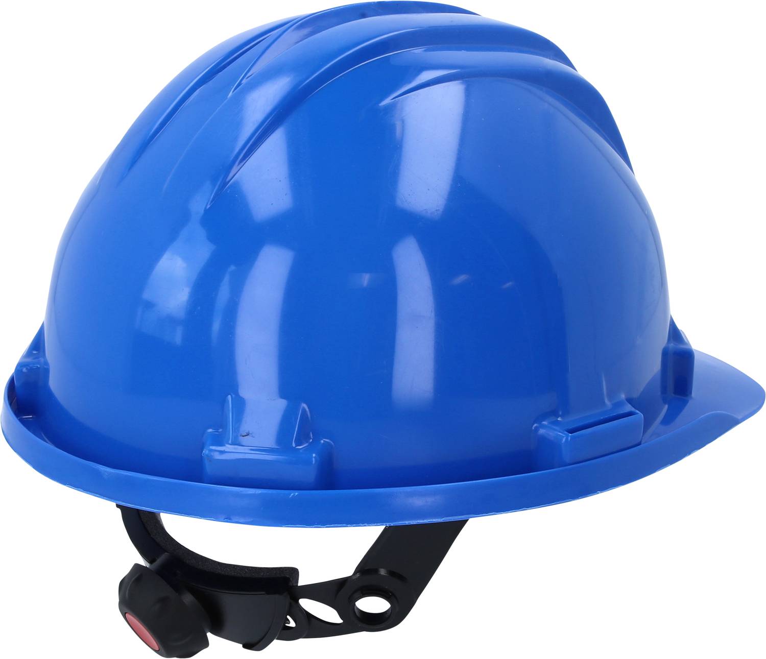 Ein blauer Schutzhelm mit verstellbarem Kinnriemen, verwendet für Sicherheitszwecke auf Baustellen oder in Industriebereichen.