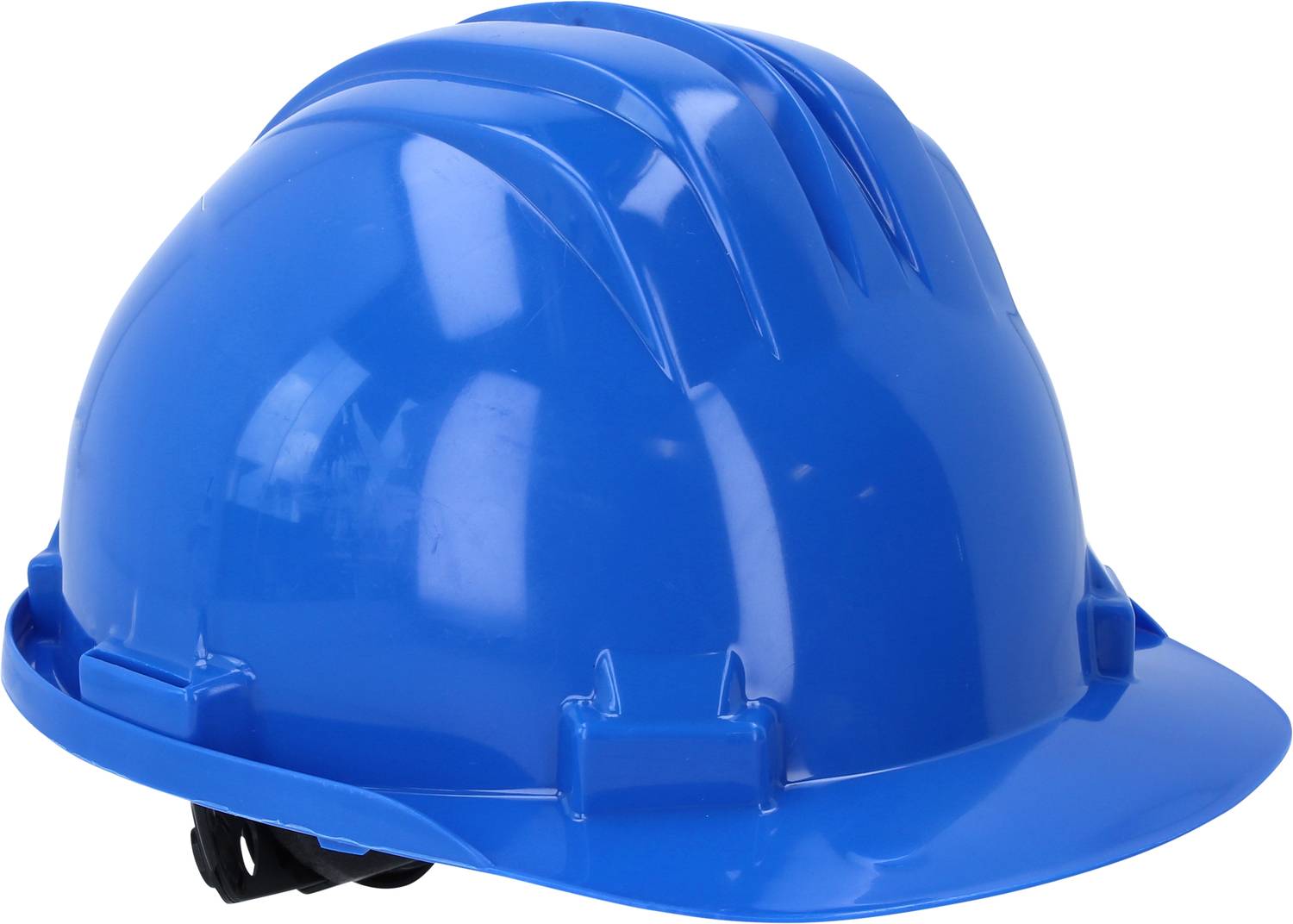 Ein blauer Schutzhelm aus Kunststoff, der auf Sicherheit am Arbeitsplatz hinweist.