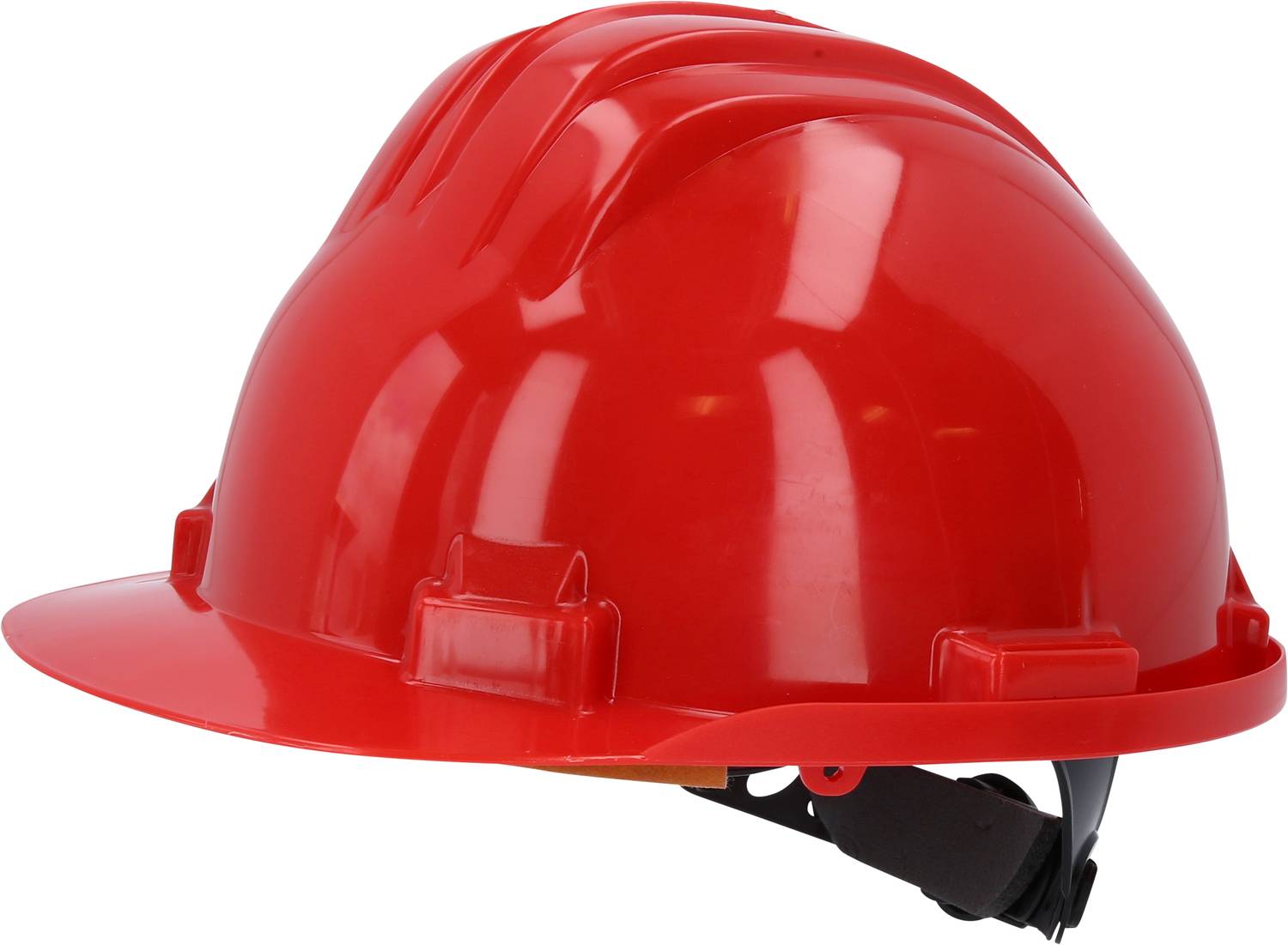 Ein roter Schutzhelm aus Kunststoff, seitlich zu sehen, der auf Bau- oder Industriestellen verwendet wird.